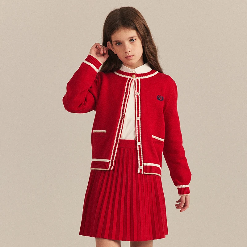 早春新品女童复古学院风圆领针织两件套EKSKE1221K