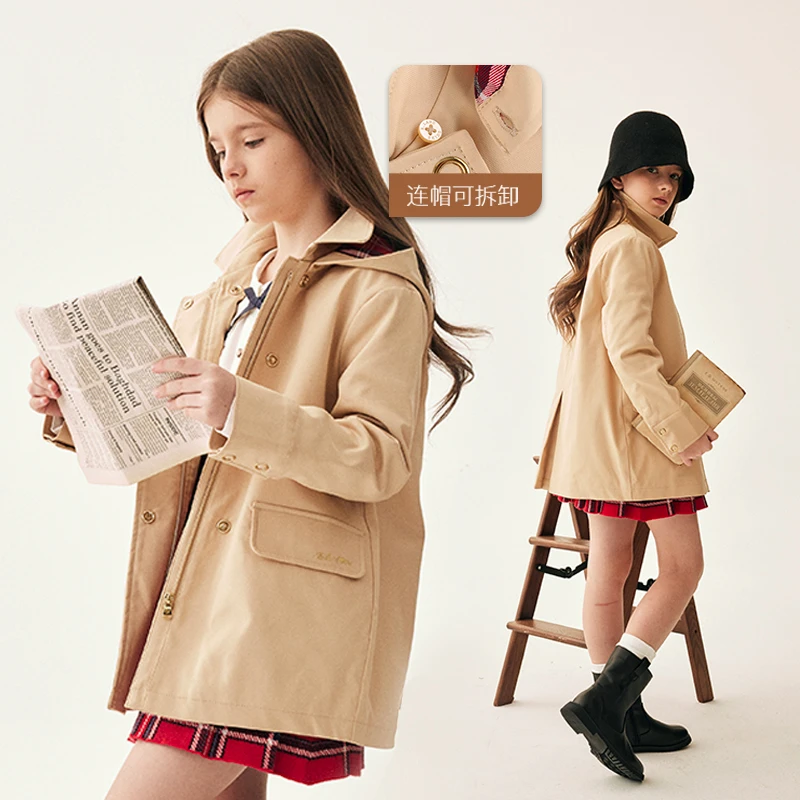E·LAND KIDS童装秋冬女童防风连帽加棉风衣EKJTD1121N