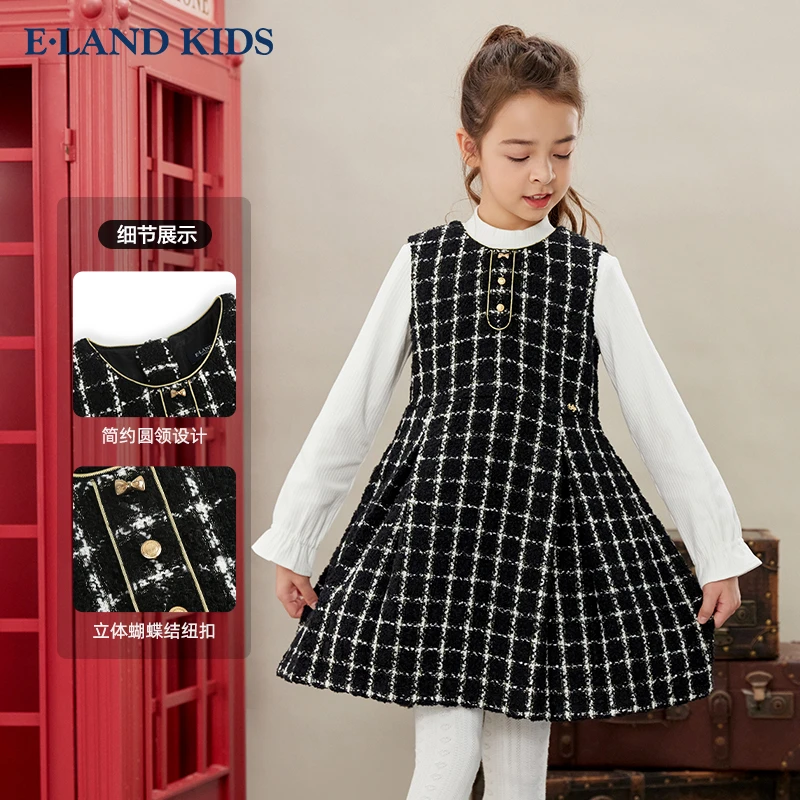 E·LAND KIDS女童时尚洋气百搭小香风编织无袖连衣裙EKOWC4T21A