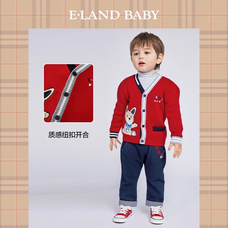 E·LAND KIDS衣恋2022年秋冬男女宝宝可爱V领卡通针织开衫儿童