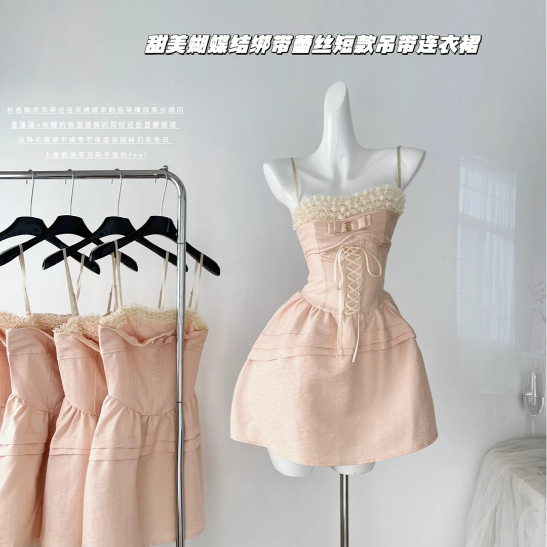 精致甜美蝴蝶结绑带蕾丝短裙吊带连衣裙