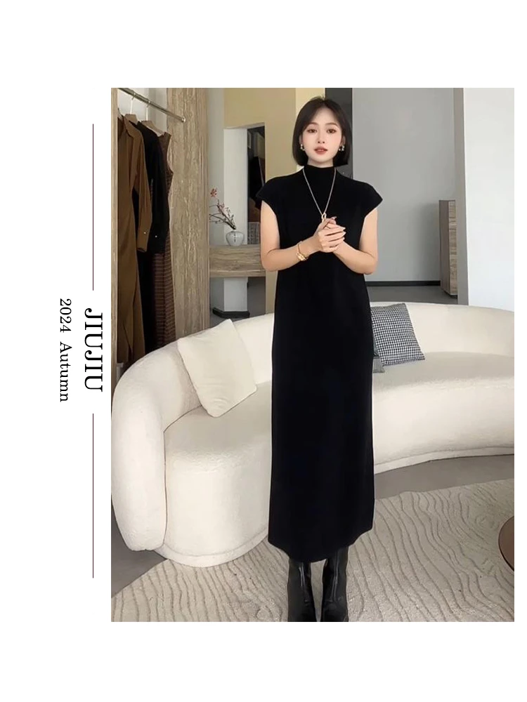 秋冬气质休闲简约纯色无袖气质时尚HBZE917030针织宽松连衣裙过膝