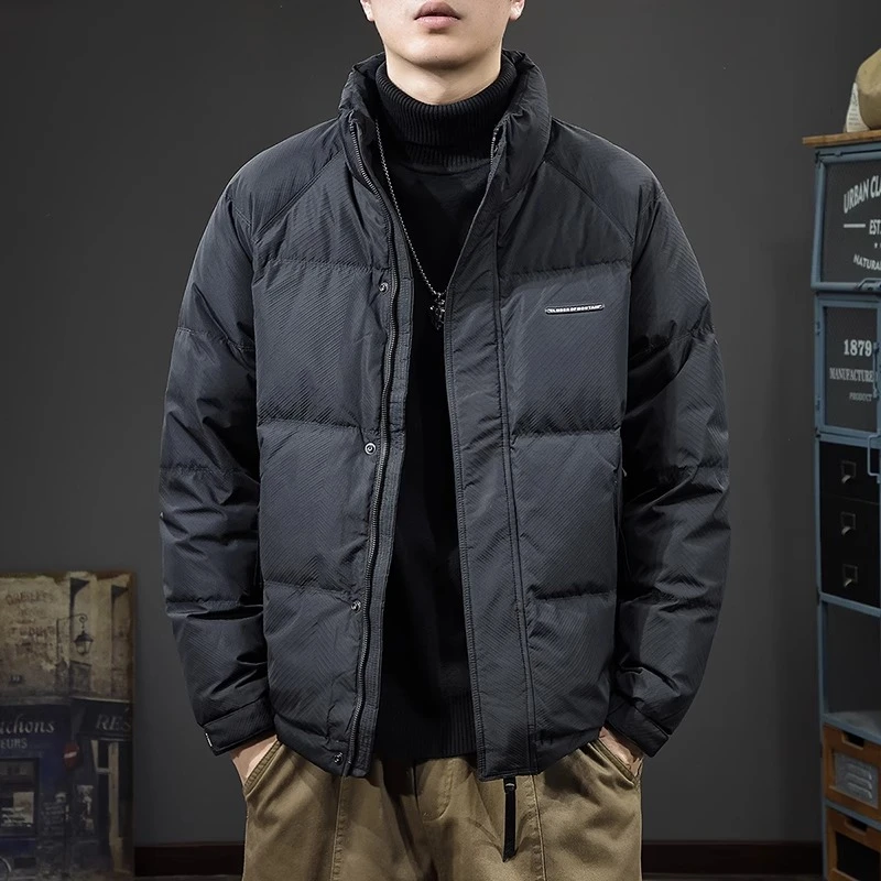 冬季新款时尚格纹立领男士羽绒服轻薄短款宽松防风90白鸭绒面包服
