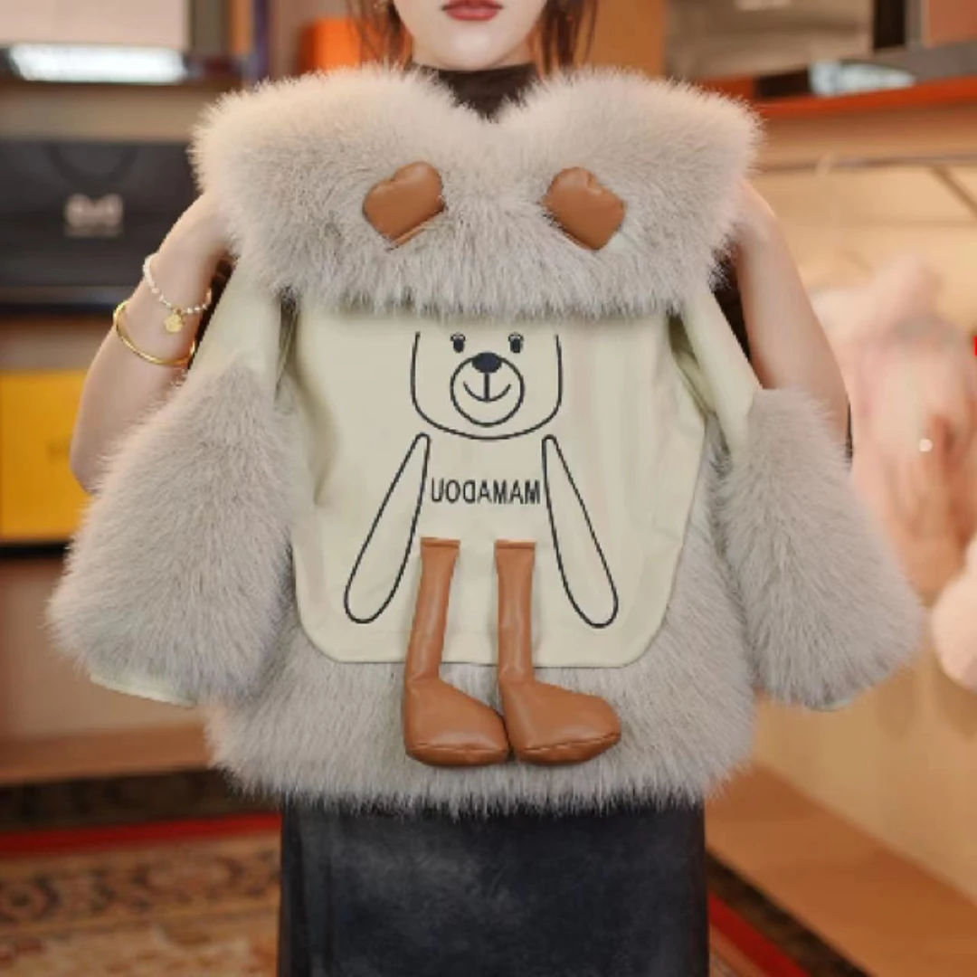 AODUOSEN/奥多森高端定制女童冬季加绒皮衣女孩卡通小熊毛毛外套