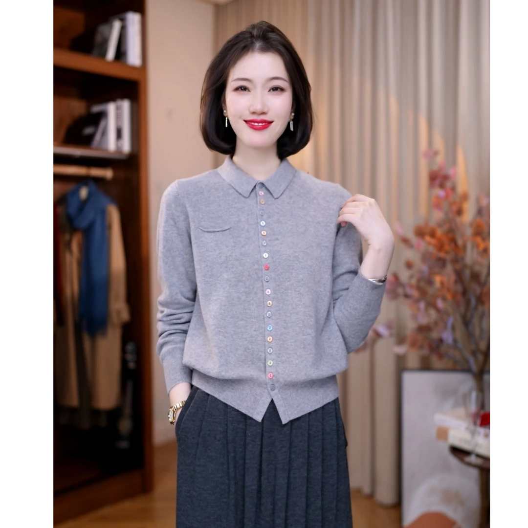 【白小白精选】晴雨晚风翻领羊毛衬衫彩色扣子松紧下摆开衫外套2028