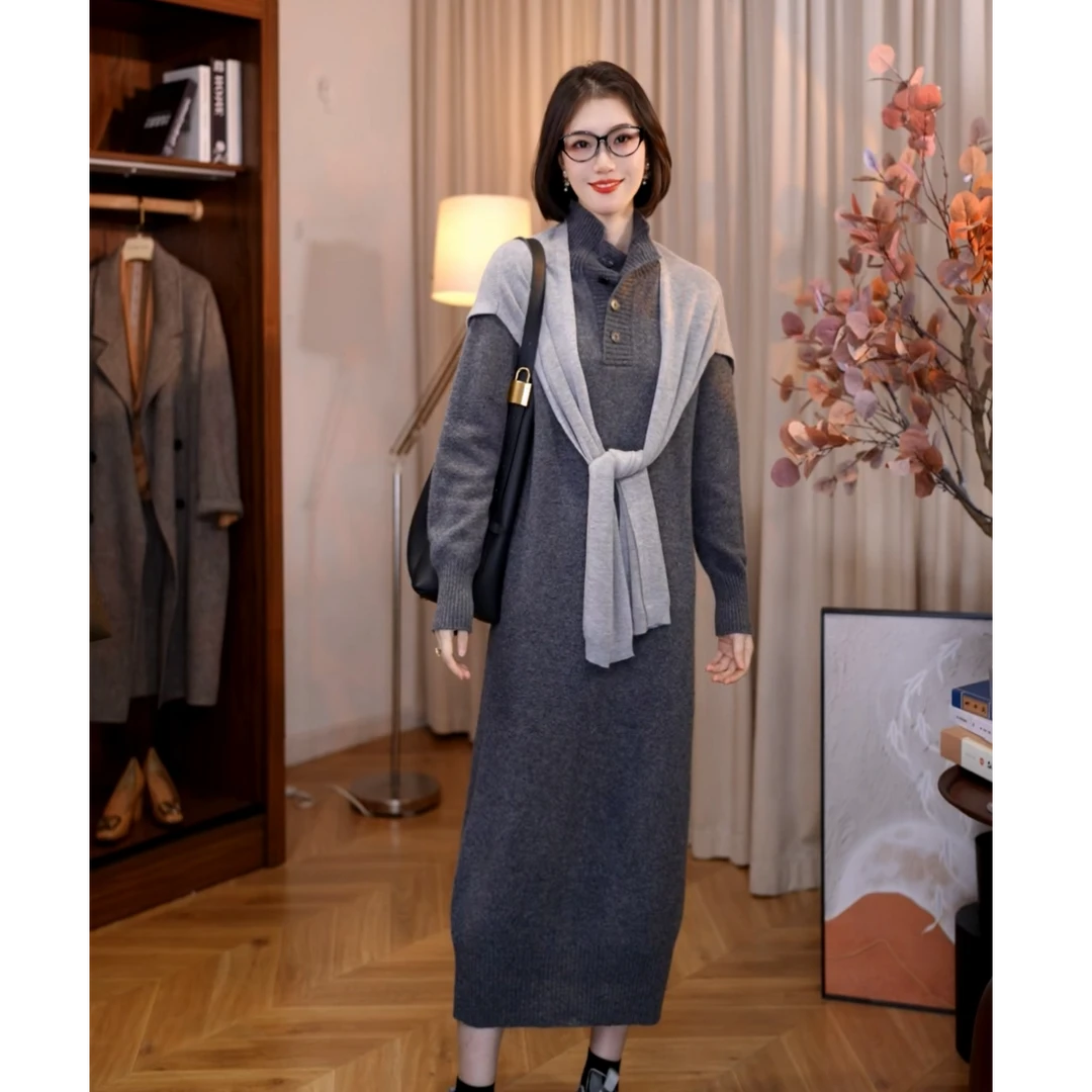 【白小白精选】慢度日常松弛感满满高领全羊毛长裙显瘦秋冬内搭3420