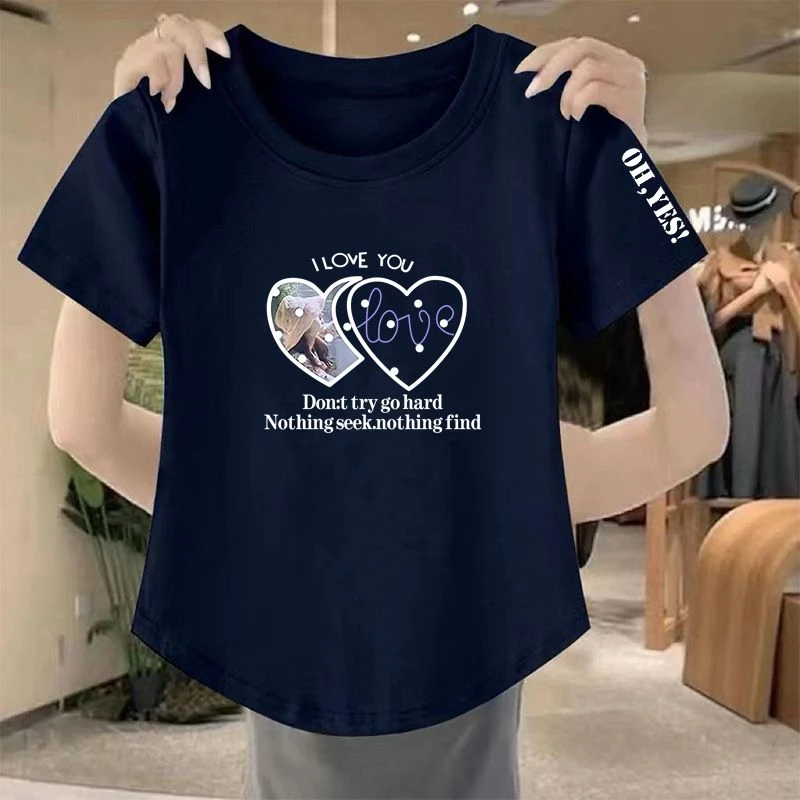 藏青印花短袖T恤女夏季新款宽松时尚遮肉外穿简约上衣服ins潮