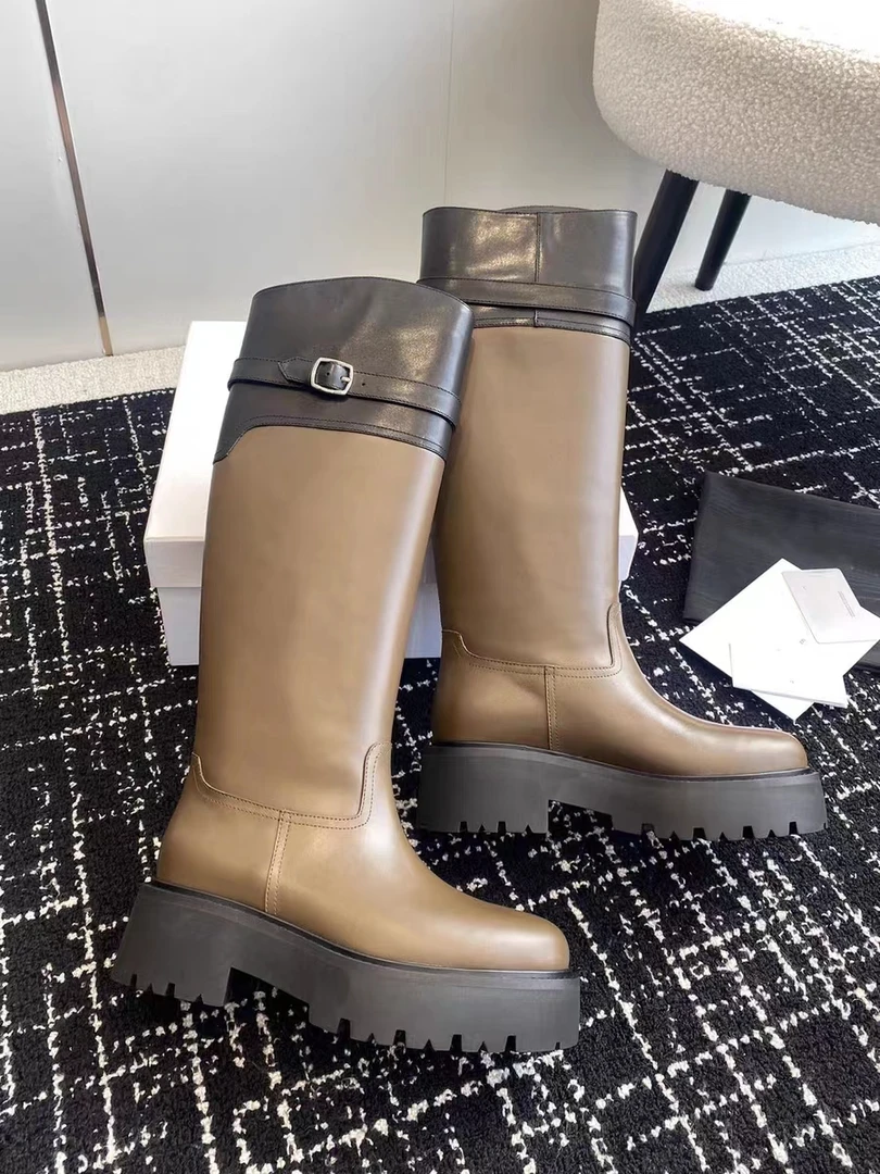 欧洲站2023秋季新款欧货真皮圆头时尚拼色百搭简约高筒骑士靴9583