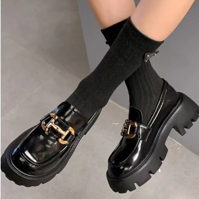 【浩哥专属】英伦小皮鞋新款复古黑色小金扣粗跟单鞋厚底真皮G0135