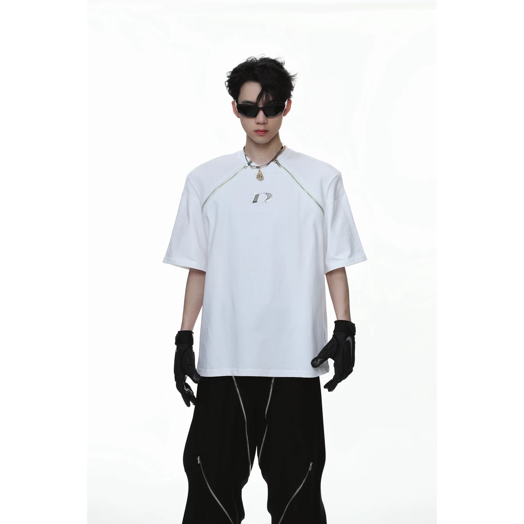 小众设计款金属双拉链设计短袖T恤男重磅宽松休闲半袖上衣
