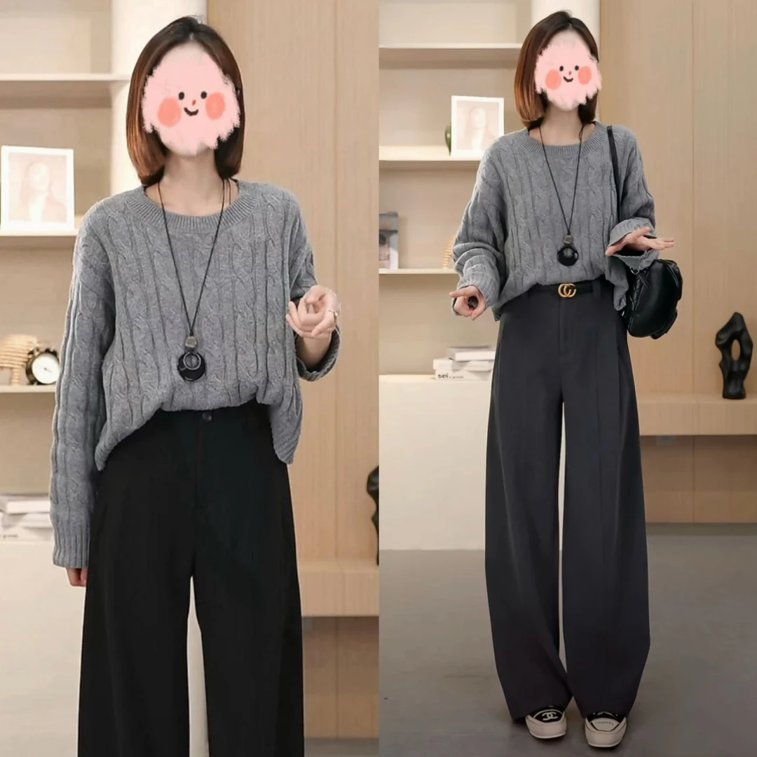麻花套头圆领短款长袖针织衫气质毛衣+遮肉显瘦休闲裤宽松阔腿裤