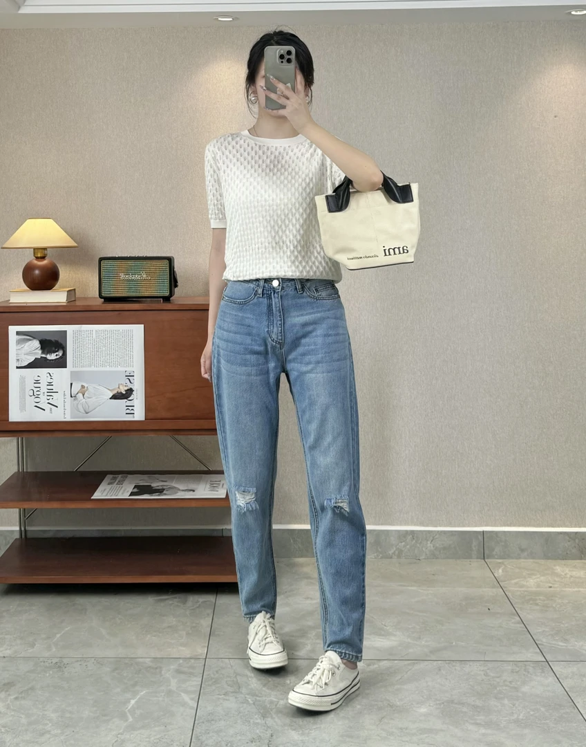 牛仔裤 中间 破洞B479L0661Y75175蓝色直筒时尚百搭修身小脚韩版