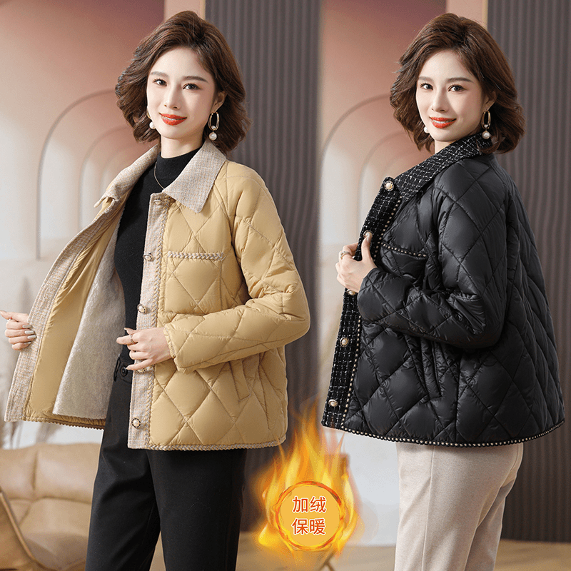 中年妈妈冬装小香风时尚短款棉衣厚中老年女冬季翻领加绒棉服外套