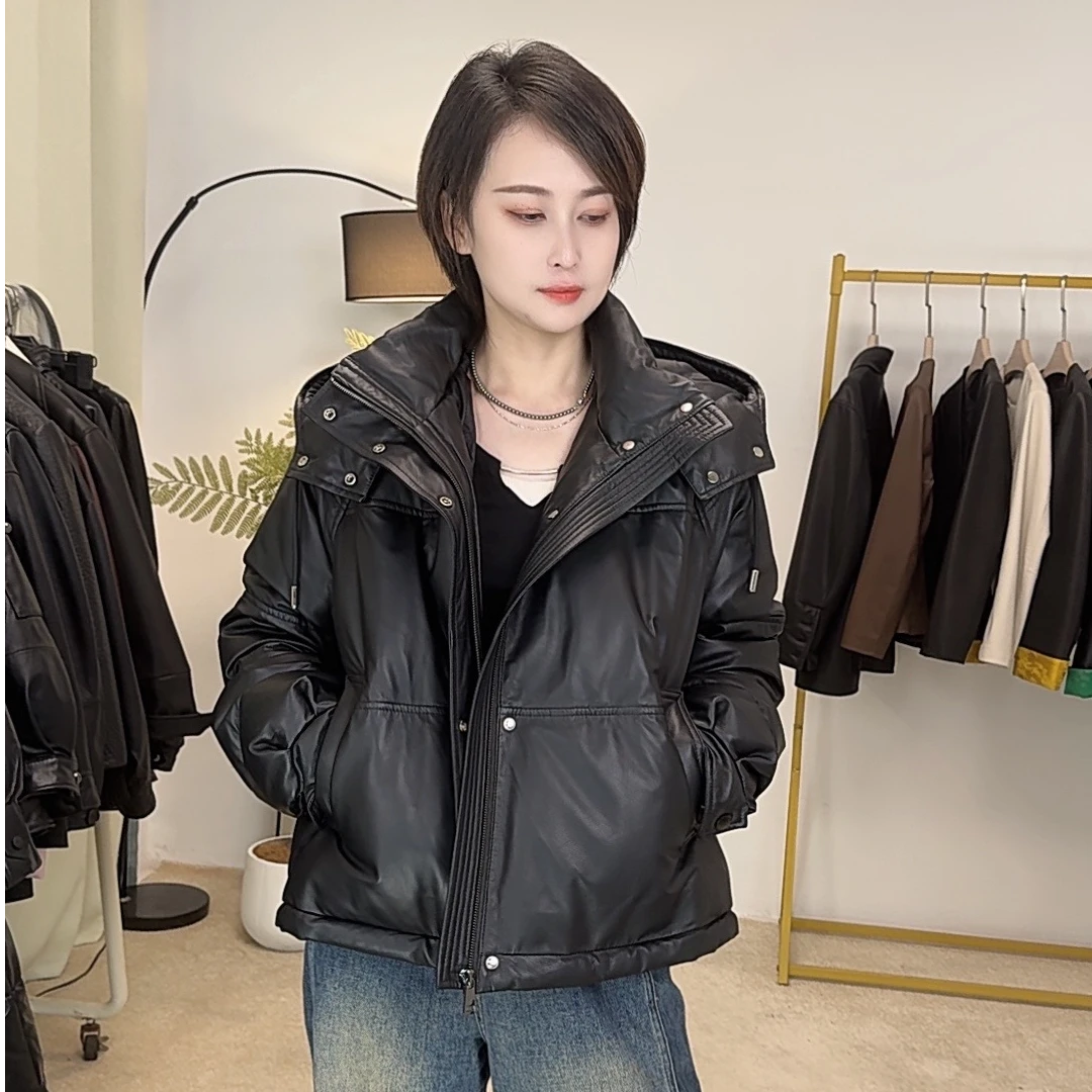 98016真皮绵羊皮白鹅绒连帽可拆卸长袖冬季新款保暖羽绒服外时尚