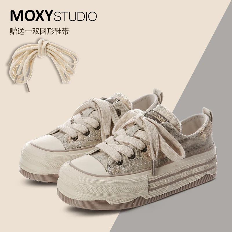 2025秋季新款复古韩系水洗帆布鞋厚底女鞋板鞋百搭休闲鞋潮鞋软底