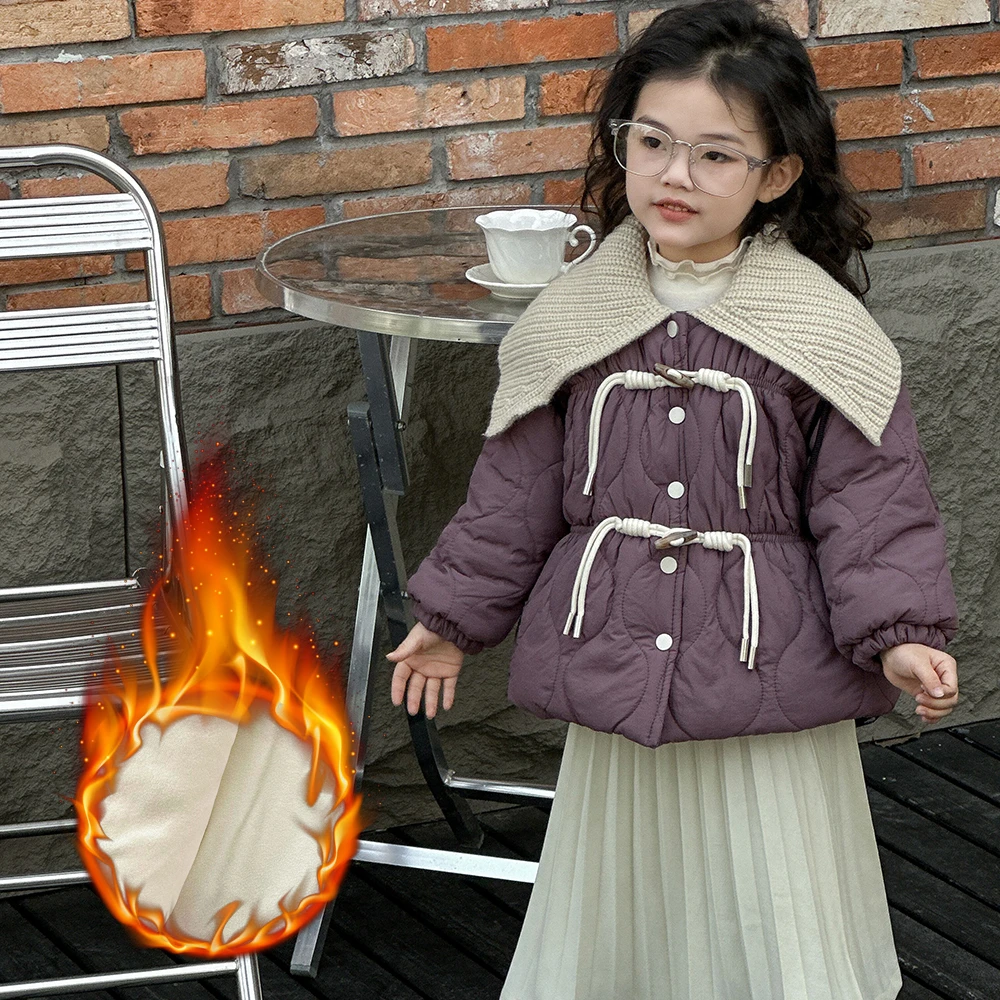 2023冬季新款童装中小童加绒加厚棉服外套女童毛线领复古保暖棉袄