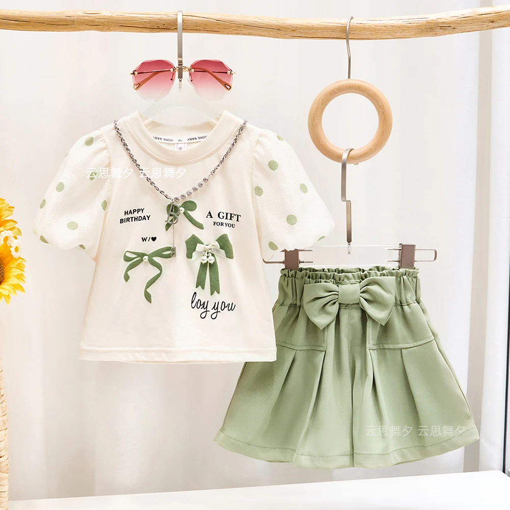 亲子装夏季新款韩版泡泡袖清新短袖套装母女装时尚洋气短裤两件套