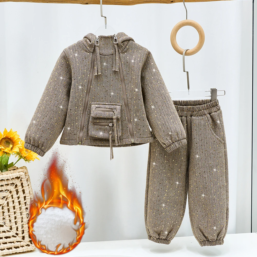 亲子装秋冬新款女童时尚亮片连帽加绒卫衣裤子两件套母女装套装潮