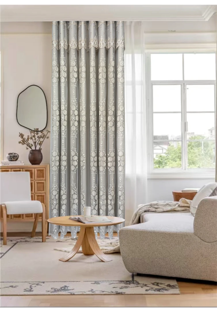 浮雕重工绣花满绣纱帘棉麻布帘一体式双层高遮光欧式现代客厅卧室