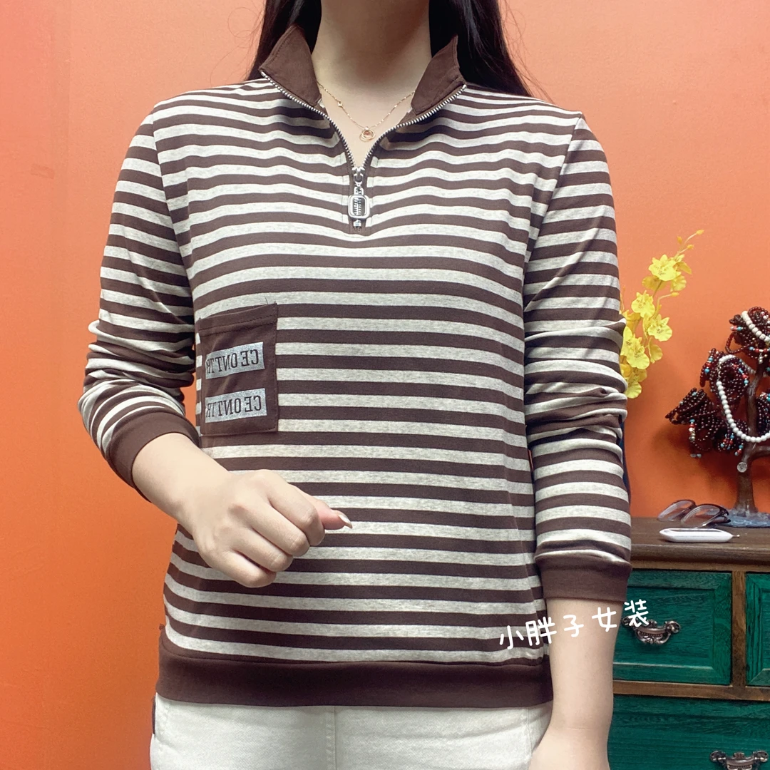 秋装新款套头polo领长袖宽松百搭条纹卫衣女士大码显瘦上衣S001