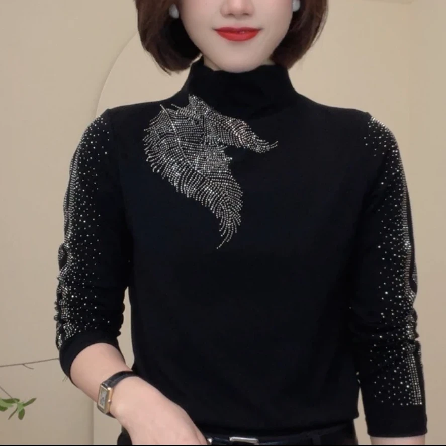 冬季新款半高领烫钻百搭保暖显瘦长袖时尚T恤女士上衣