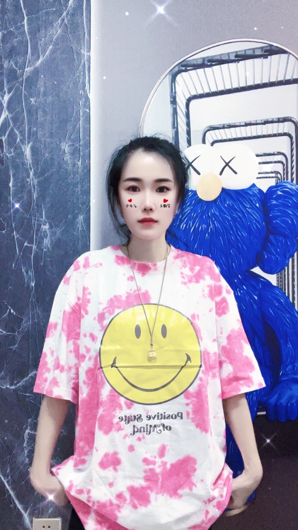 外贸高品质纯棉扎染T恤笑脸粉色