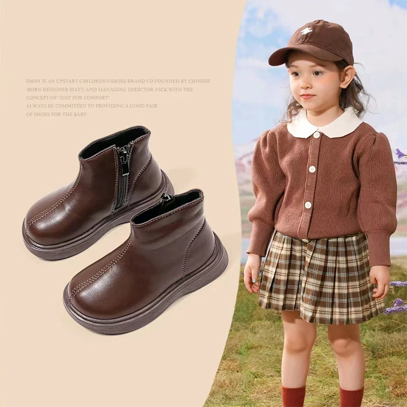 21-30码女童靴子秋季软底黑色皮靴秋冬款洋气女宝宝短靴加绒棉鞋