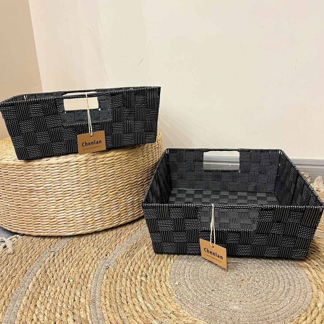 (2只）北欧简约手工编织冰纶丝储物收纳筐黑白点中号