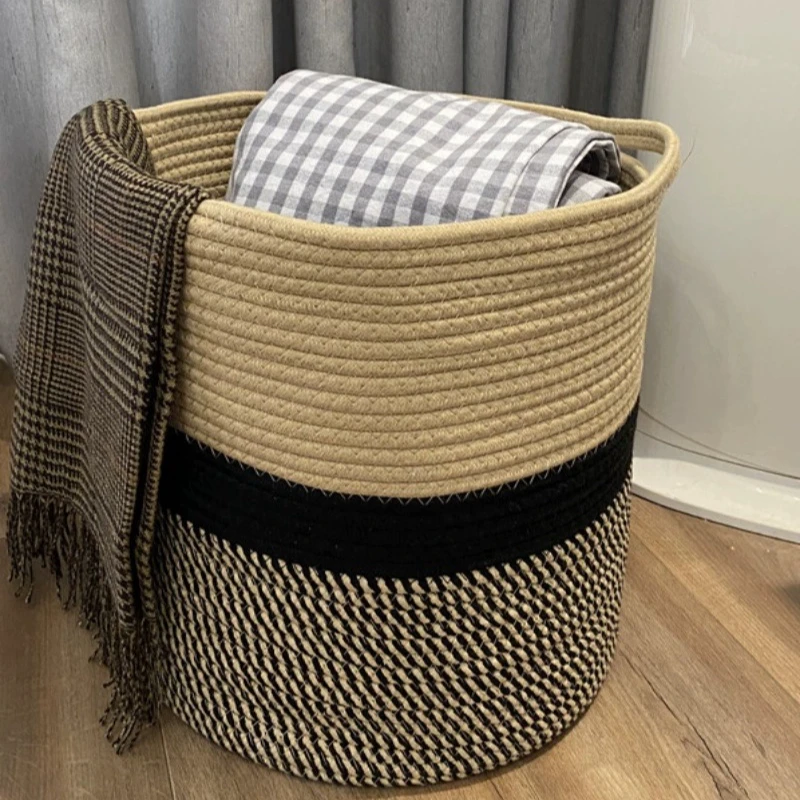 北欧棉绳脏衣篮桶编织收纳筐家用零食玩具收纳桶篮大容量拼色宾馆