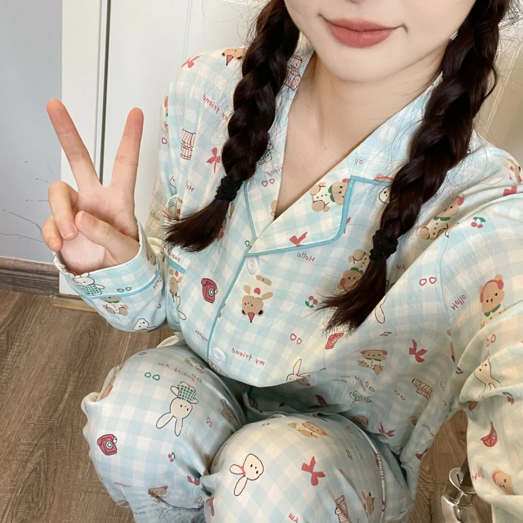 卡通蓝格兔子睡衣女套装秋季ins甜美少女长袖长裤家居服可外穿