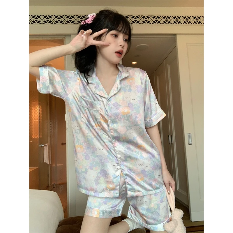 甜梦花朵小熊睡衣女套装夏季ins可爱丝滑柔软短袖短裤家居服外穿