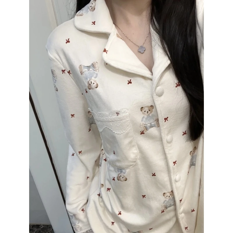 蝴蝶结蕾丝小熊海岛绒睡衣女套装冬季加绒加厚高级可爱家居服外穿