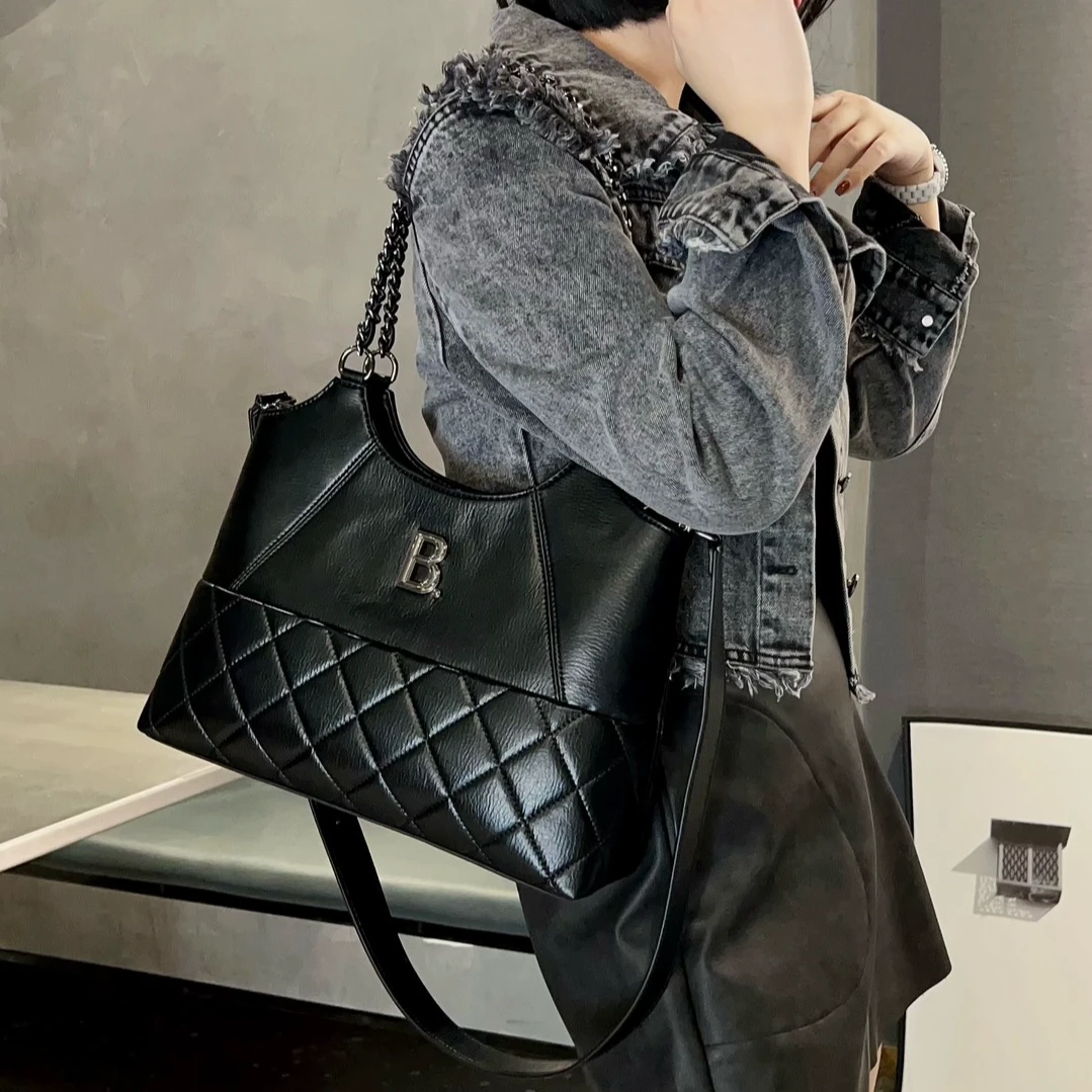 单肩包女大容量秋冬休闲真皮百搭托特包菱格链条包小香风腋下包包