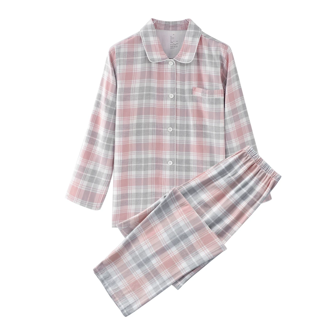 长袖全棉秋冬款法兰绒家居服-全花型纯棉时尚休闲格子睡衣女套装