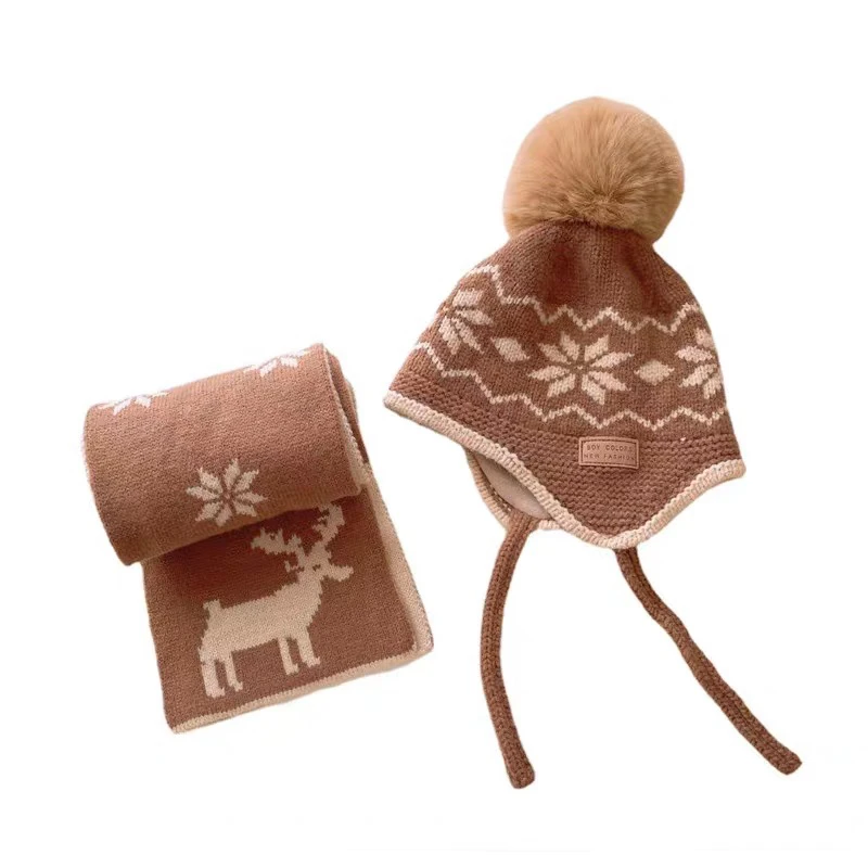 民族风秋冬儿童帽子围巾套装防风毛线帽男童女童时尚针织帽