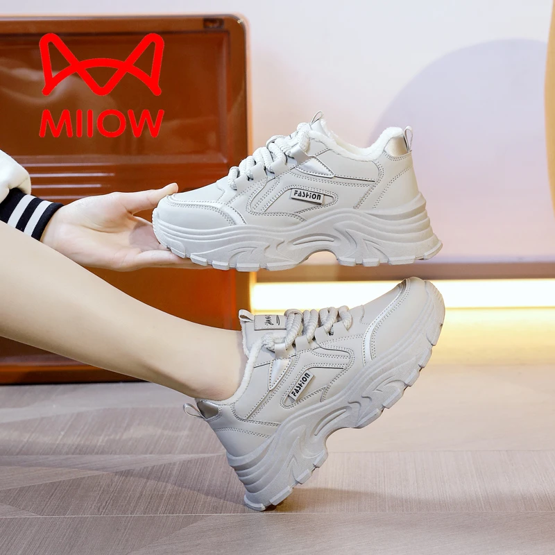 MiiOW/猫人2023年冬季新款加绒保暖厚底女鞋休闲百搭加厚运动鞋