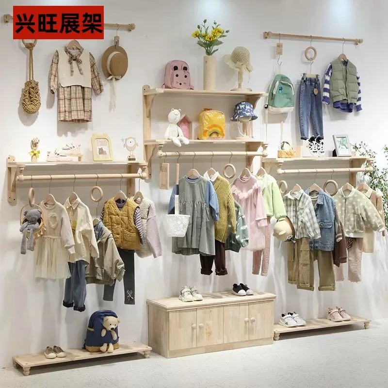 女装店服装店展示架童装实木上墙壁挂衣架衣服店装修效果图货展架