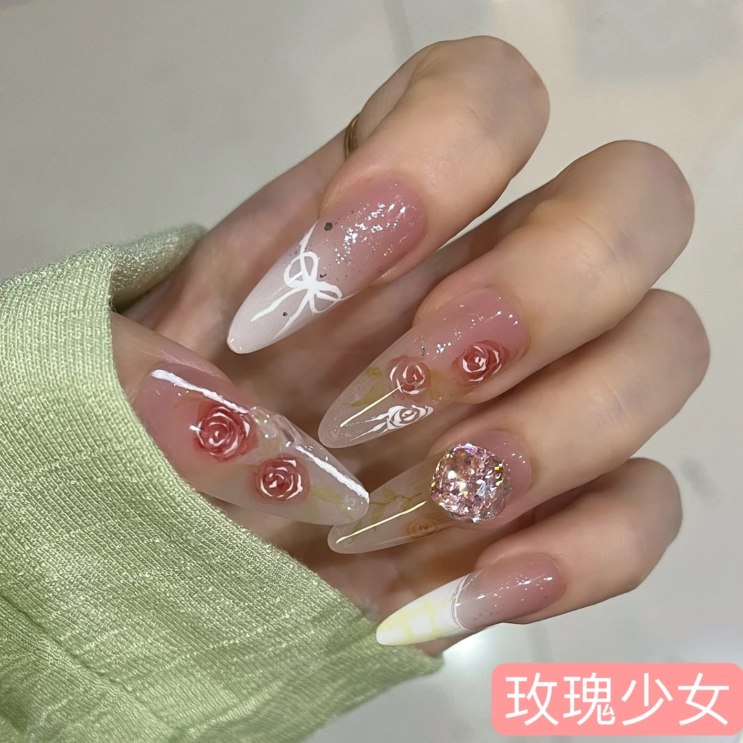 巴仑美【玫瑰少女】油画玫瑰 纯手工可重复穿戴美甲贴 高碳鸟巢锆石