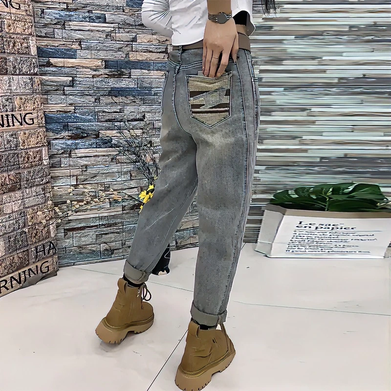 2024年新款百搭高腰哈伦牛仔裤女大码胖mm宽松显瘦刺绣九分老爹裤