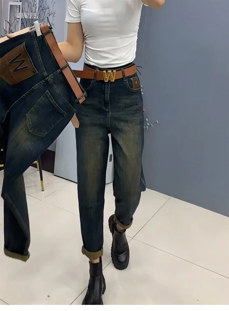 大码梨形身材阔腿牛仔裤女秋冬加绒加厚胖mm显瘦弹力直筒九分裤子