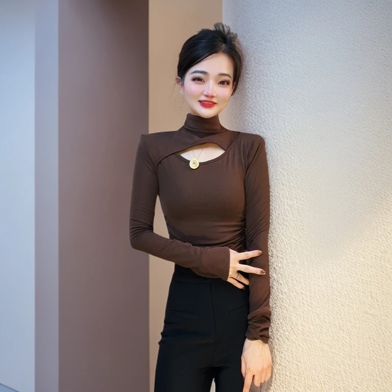 [欣欣定制]秋冬韩版洋气镂空修身显瘦长袖半高领T恤性感打底衫