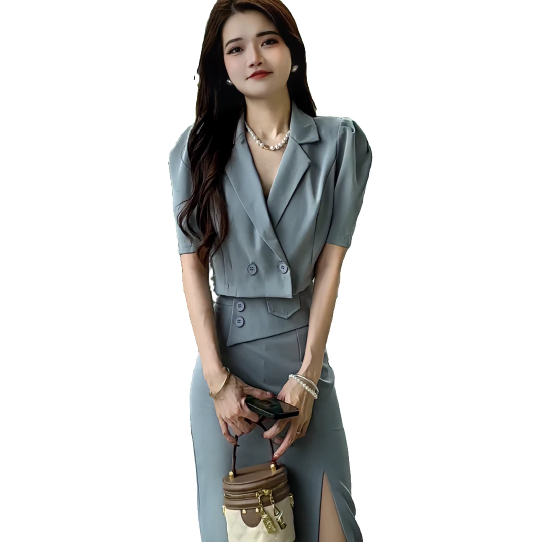 [欣欣dress]夏季新款显瘦短袖西装渐变丁达尔风左开叉半身裙套装