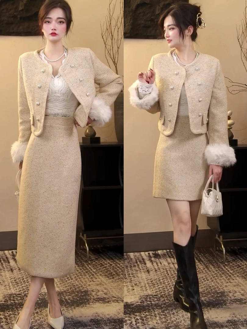 [欣欣dress]2024冬款甜美仙粗花呢温暖小香风外套+半裙套装两件套
