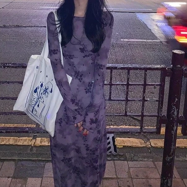 大码气质港风复古女人味内搭吊带裙+网纱印花连衣裙两件套装秋冬