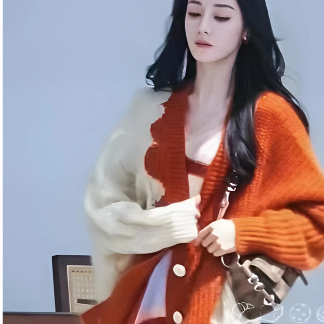 【加州日落】热巴同款时尚百搭焦糖色绞花不对称拼接开衫.K40821b