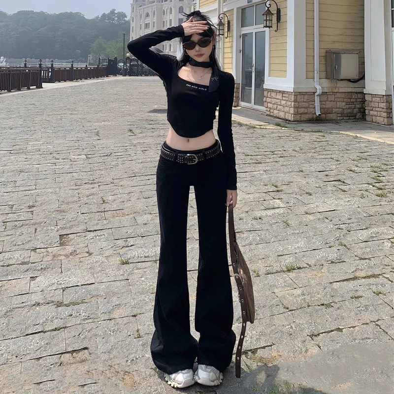 美式黑色低腰微喇牛仔裤女2024年新款早秋显瘦弹力马蹄喇叭拖地裤