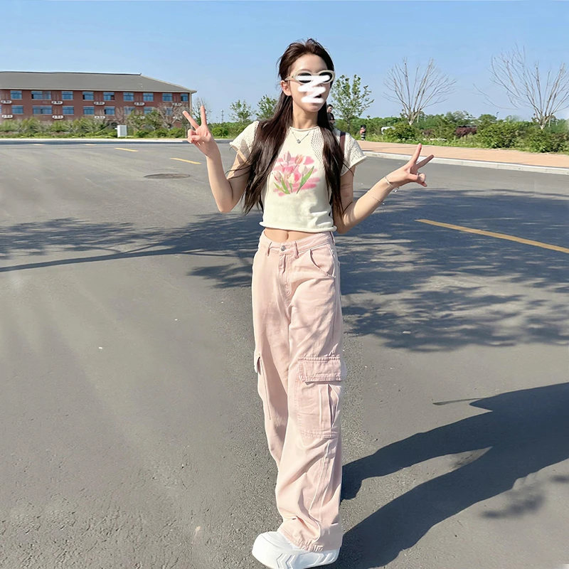 美式高街vibe粉色阔腿工装牛仔裤女小个子宽松多口袋拖地伐木裤夏