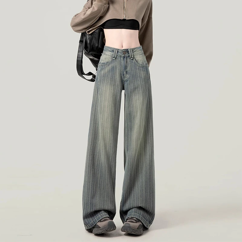 复古阔腿牛仔裤女春秋新款美式高街高腰显瘦做旧条纹宽松直筒裤子