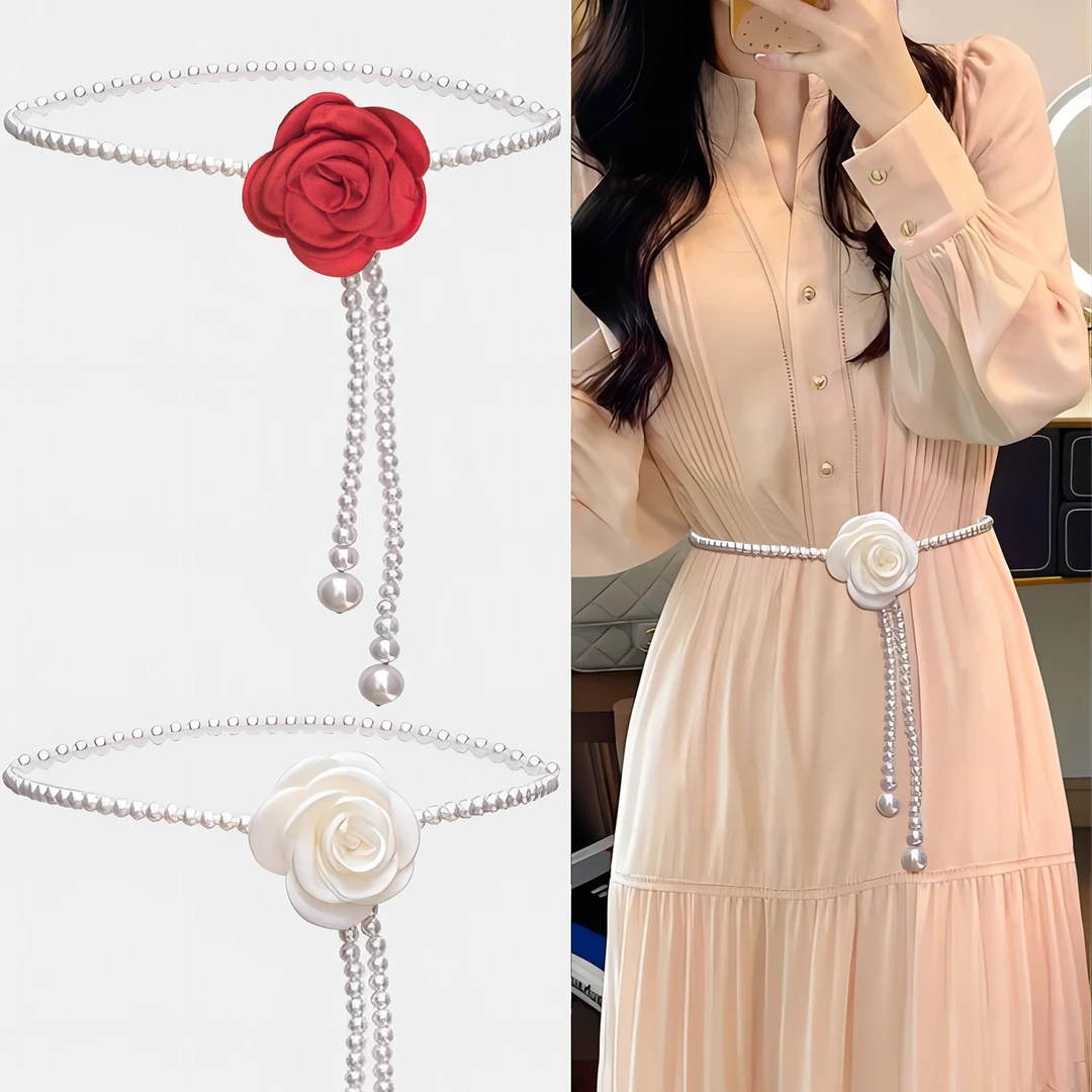 山茶花珍珠腰链配饰女士气质腰带新款百搭时尚小香风高级装饰个性