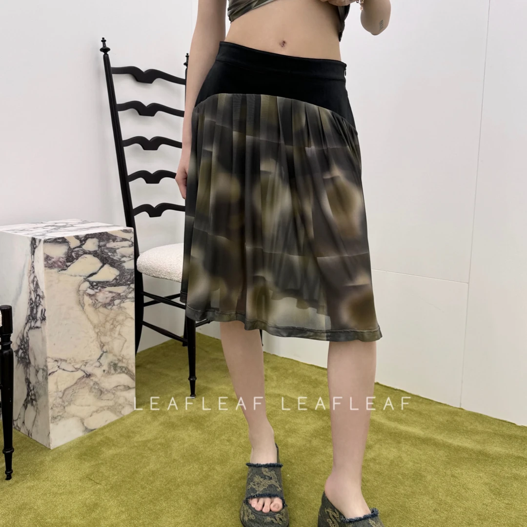 LAST ORDER 拼皮印花网纱百褶中裙 LEAFLEAF设计师品牌